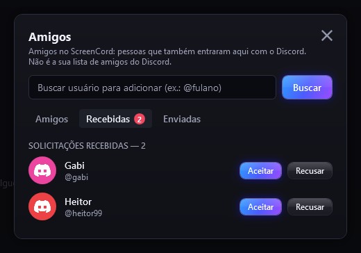 Menu de amigos do ScreenCord com busca por nome de usuário e solicitações recebidas para aceitar ou recusar.