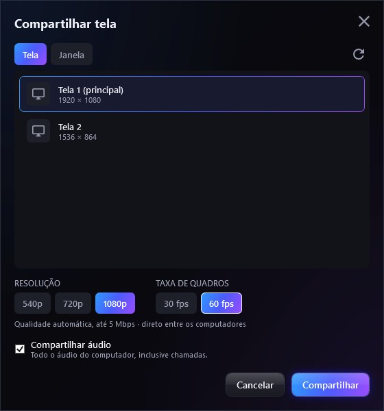 Janela Compartilhar tela numa sala local: Tela 1 escolhida, 1080p e 60 fps marcados, qualidade automática até 5 Mbps direto entre os computadores, e áudio ligado.