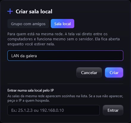 Janela Criar sala local: nome da sala, botão Criar e, abaixo, o campo para entrar numa sala local pelo IP.